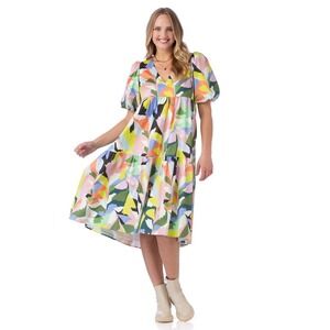 Crosby by Mollie Burch Brawley Midi Dress Poinciana Tiered Puff Sleeve Large